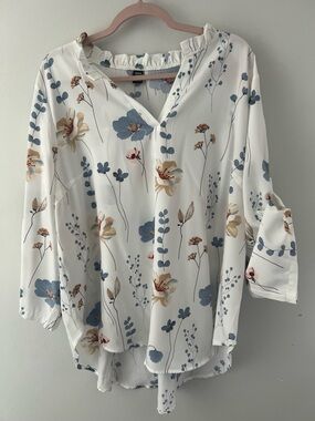 SHEIN White Floral V-Neck Tunic with Blue and Tan Blooms